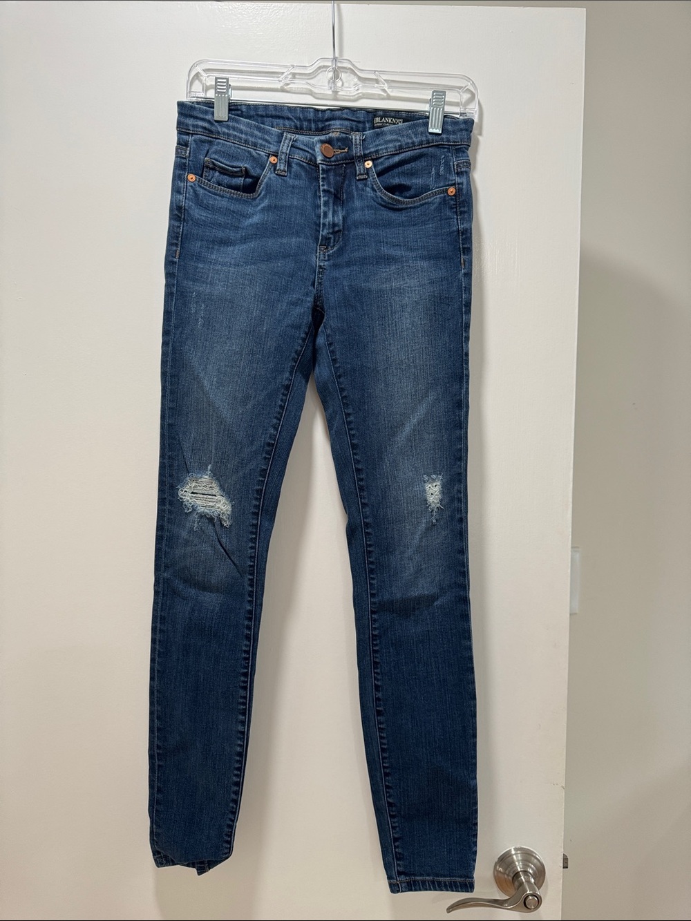 Blank NYC Dark Blue Skinny Jeans with Knee Distressing